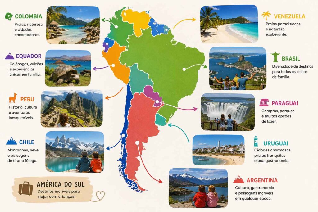 Mapa com os principais melhores destinos para viajar com crianças na América do Sul, incluindo praias, neve, natureza e cidades históricas.