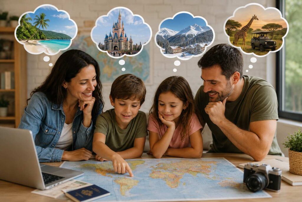 Família com crianças escolhendo os melhores destinos para viajar com crianças em um mapa do mundo.