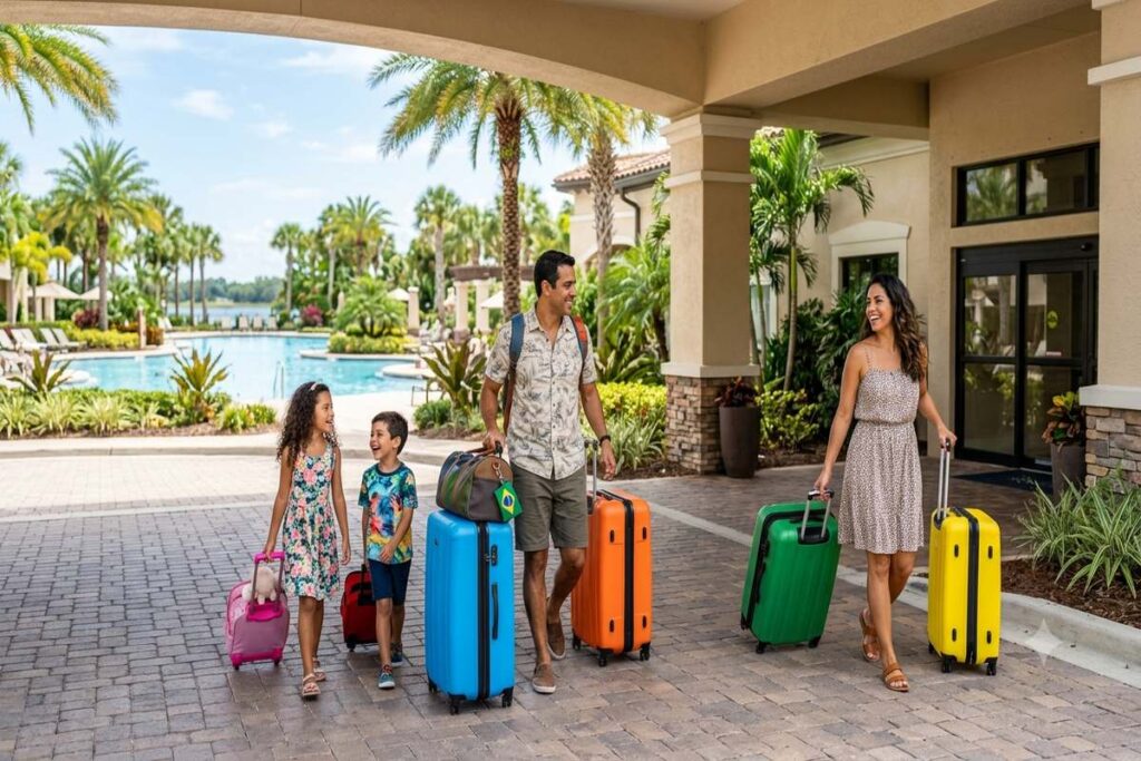 Família em frente a um hotel resort com piscina em Orlando