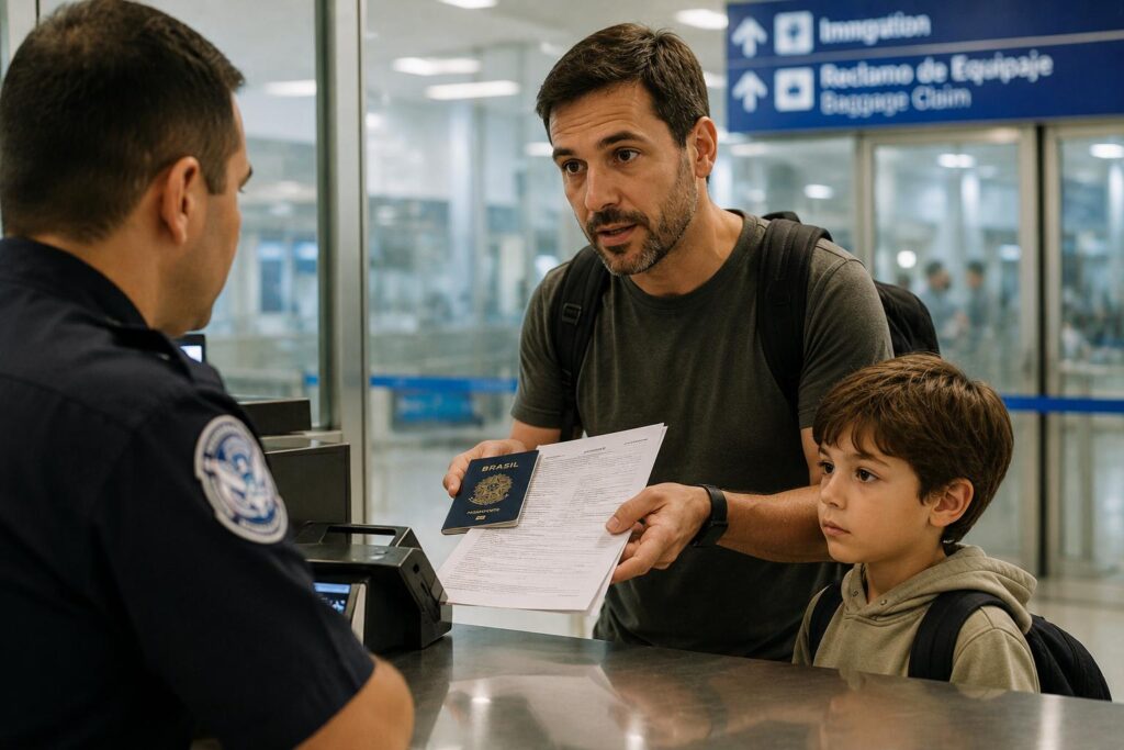Pai mostrando passaporte e documentos para agente de imigração no aeroporto durante viagem internacional com criança.