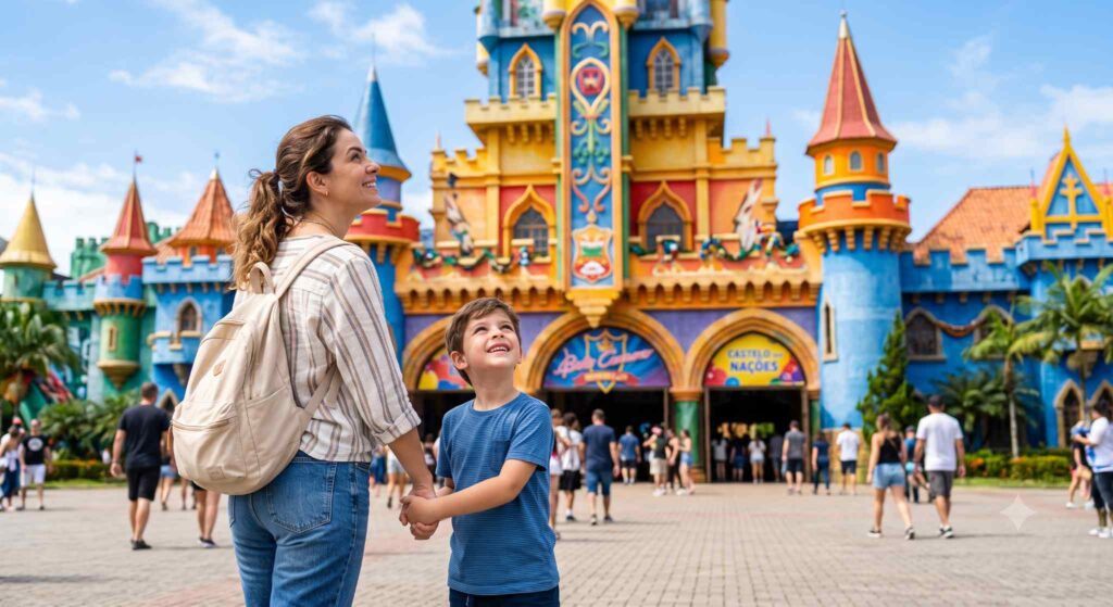 Mãe e filho caminhando em frente ao castelo do Beto Carrero World durante um passeio em família com crianças.