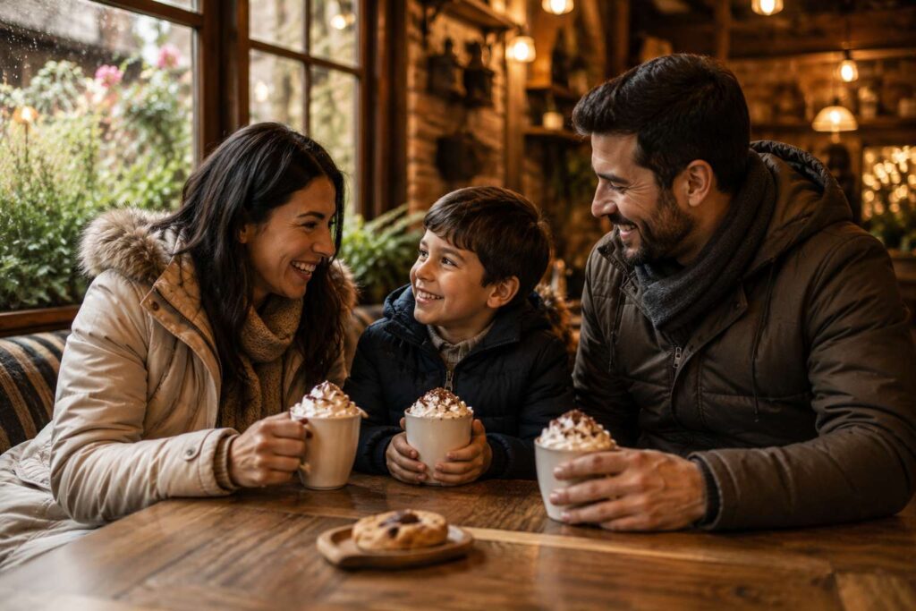 Família tomando chocolate quente em um café aconchegante de Gramado com crianças