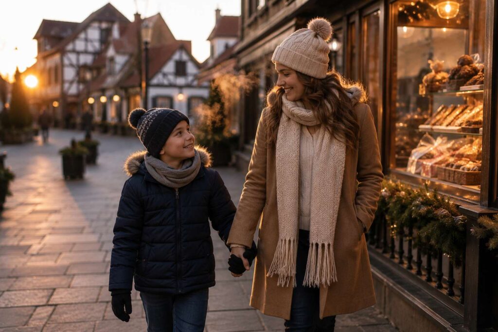 Mãe e filho caminhando de mãos dadas por uma rua charmosa de Gramado no inverno