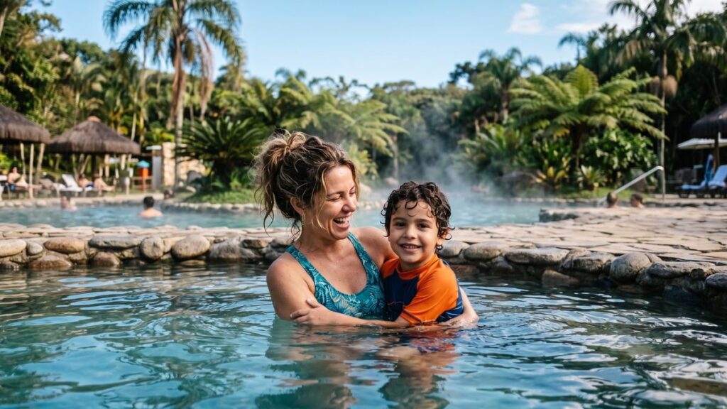 Thermas dos Laranjais com crianças em piscina de águas quentes em Olímpia